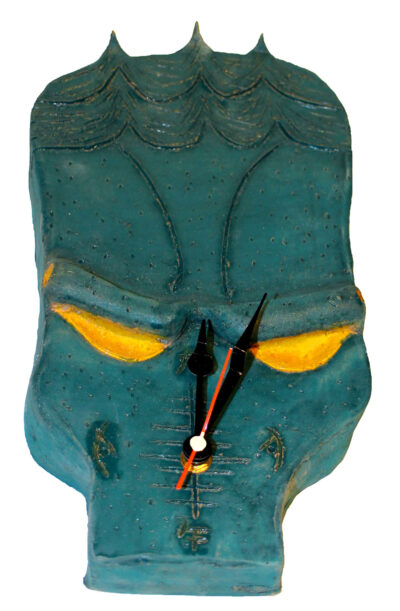 Raku clay, stains and glaze by Alexander Clark, Year 9, Mentone Grammar Student artwork of a clock