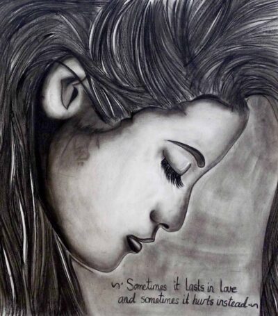 Charcoal on paper by Panayiota Pappas, Year 11, Oakleigh Grammar Student artwork of a portrait in profile grey