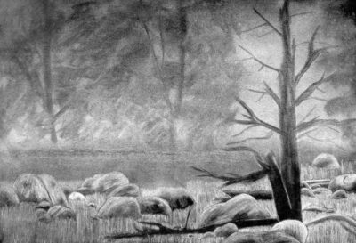 Coloured pencil on paper by Anthony Stamatiou, Year 11, Oakleigh Grammar Student artwork of a landscape