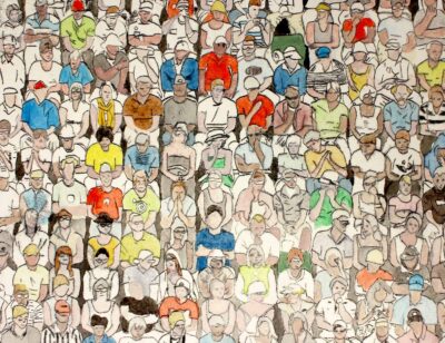 Hand coloured etching on paper by Phoebe Hunt, Year 12, Preshil β The Margaret Lyttle Memorial College Student artwork of a crowd of spectators