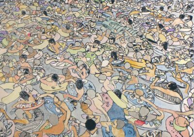 Hand coloured etching on paper by Phoebe Hunt, Year 12, Preshil β The Margaret Lyttle Memorial College Student artwork of a crowd of swimmers