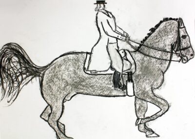 Charcoal on paper by Jascha Narayan, Year 8, Preshil β The Margaret Lyttle Memorial College Student artwork of a horse and rider