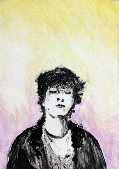 Oil monotype on paper by Hope Lumsden, Year 12, Preshil – The Margaret Lyttle Memorial College Student artwork of a portrait with colourful background