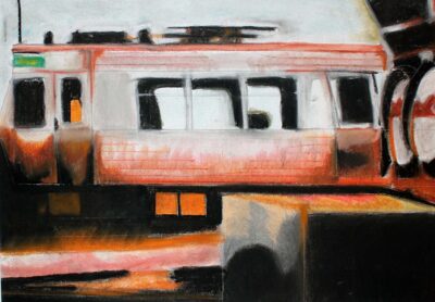 Dry pastel on paper by Liam OβCallaghan, Year 8, Preshil β The Margaret Lyttle Memorial College Student artwork of a train in motion