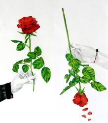 Student artwork of two hands holding roses the right way up and upside down