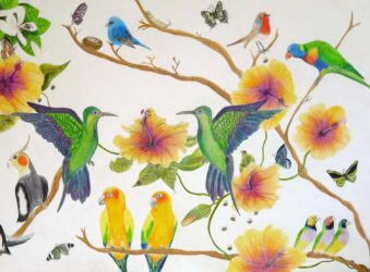 Student artwork of birds and branches