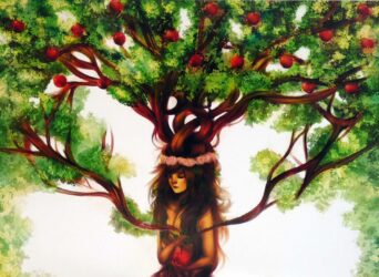 Student artwork of a woman as an apple tree