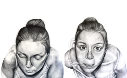 Student artwork of a portrait of a girl looking down and up
