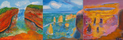 Acrylic on canvas by Reena Zelenkova, Year 5, The King David School Student artwork of a coastal landscape