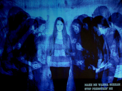 Digital print by Jarred Sibel, Year 12, The King David School Student artwork of a double exposed photograph of a girl and a crowd