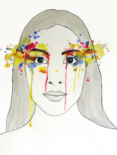Ink on paper by Courtney Pollak, Year 10, The King David School Student artwork of a self-portrait with colourful tears
