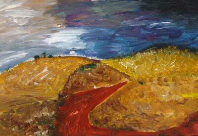 Acrylic on canvas by Lauren Priester, Year 6, The King David School Student artwork of a stormy sky and landscape