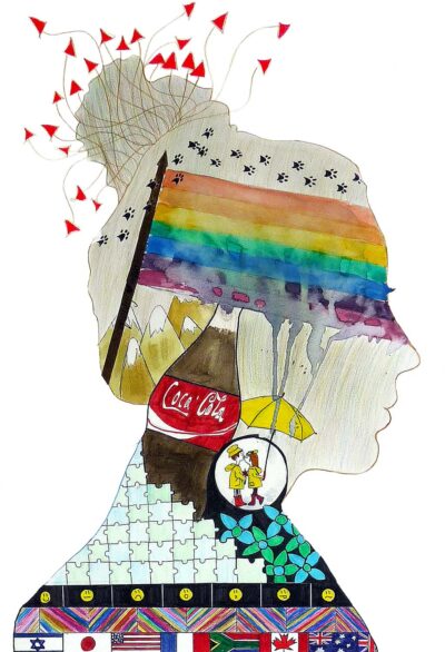 Mixed media on paper by Kiara Meltzer, Year 9, The King David School Student artwork of a portrait in profile