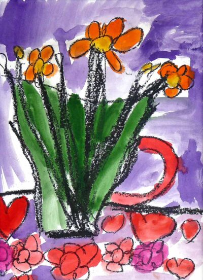 Oil pastel and watercolour on paper by Valery Ahrebeck, Prep, Woodleigh School Student artwork of a still life with flowers