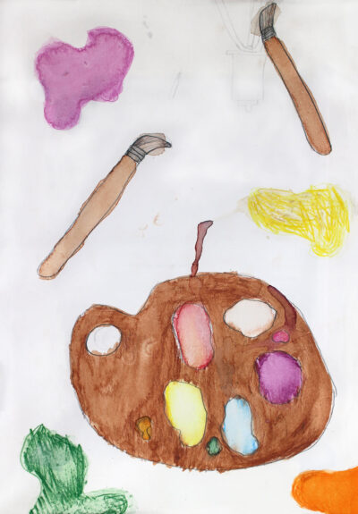 Watercolour and graphite pencil on paper, Alice Davis, Year 3, Cornish College β Artist Student artwork of paint brushes and a paint palette
