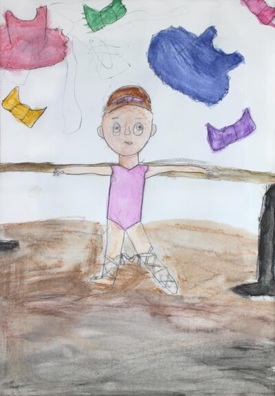 Watercolour and graphite pencil on paper, Charlotte Costigan, Year 3, Cornish College – Ballet dancer Student artwork of a ballet dancer