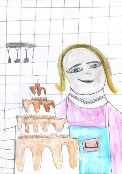 Watercolour and graphite pencil on paper, Ava Cusack, Year 3, Cornish College – Baker Student artwork of a girl baking cakes