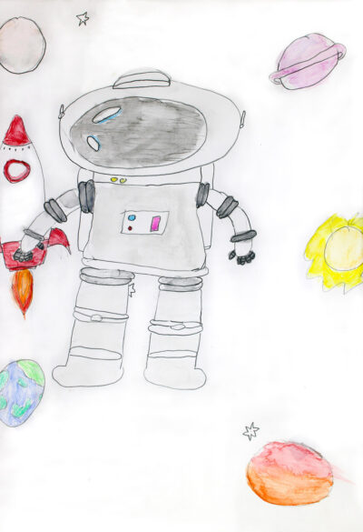 Watercolour and graphite pencil on paper, Karla Barker, Year 3, Cornish College β Astronaut Student artwork of an astronaut, rocket and planets