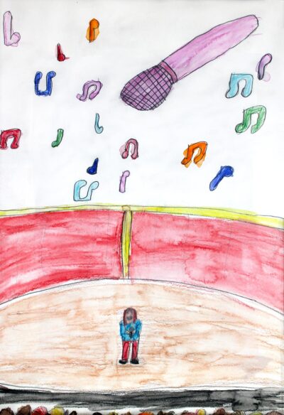 Watercolour and graphite pencil on paper, Anya Robinson, Year 3, Cornish College – Singer Student artwork of a girl singing