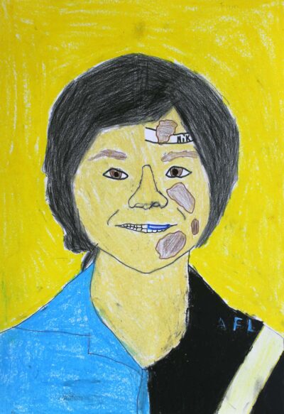 Coloured pencil, oil pastel and fineliner on paper, Tijian Coldora, Year 4, Newhaven College – AFL football player Student artwork of a future football player