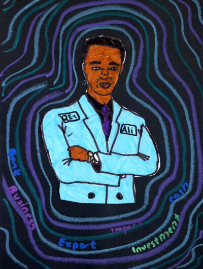 Mixed media on paper, Ali Sheqeey, Year 5, Sirius College β Businessman Student artwork of a future businessman