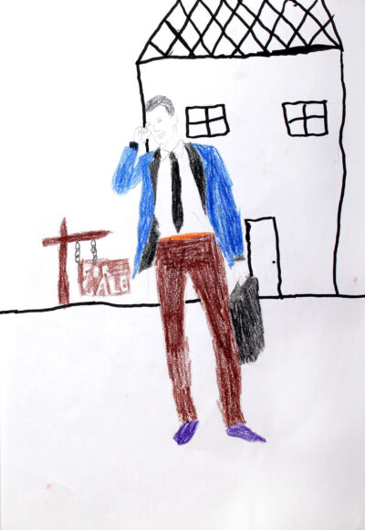 Mixed media on paper, Humza Rafiee, Year 6, Sirius College – Real Estate Agent Student artwork of a future real estate agent