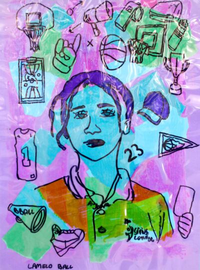 Acetate and mixed media, Aybuke Karatepe, Year 6, Sirius College β Basketball player Student artwork of a future sports career