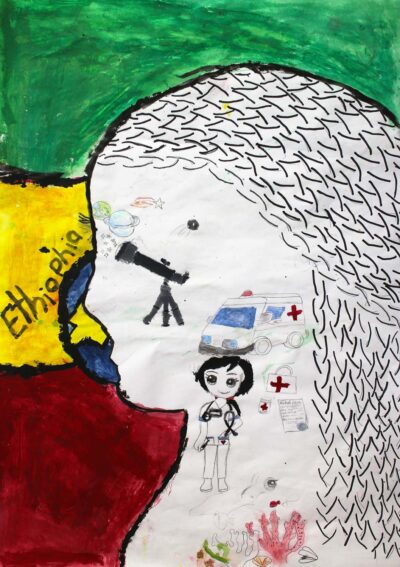 Acrylic paint, markers and graphite pencil on paper, Meron Yazew, Year 4, Son Centre Christian College β Space scientist, marine biologist, doctor Student artwork of a future career