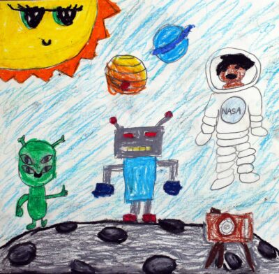 Oil pastel and graphite pencil on card, Maya Vijayakumar, Year 3, Shelford Girls’ Grammar – Astronomer Student artwork of an astronaut