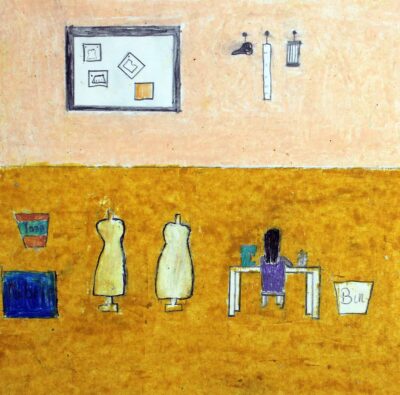 Oil pastel and coloured pencil on card, Ruoxi Zhao, Year 3, Shelford Girls’ Grammar – Fashion designer Student artwork of a future designer