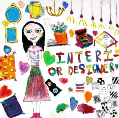 Oil pastel and graphite pencil on card, Aiai Wang, Year 4, Shelford Girls’ Grammar – Interior designer Student artwork of a future interior designer