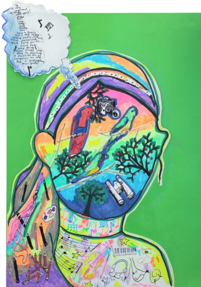 Coloured pencil and markers on coloured paper, Sylvie Metz, Year 5, Shelford Girls’ Grammar – Musician, artist, bird watcher Student artwork of future careers