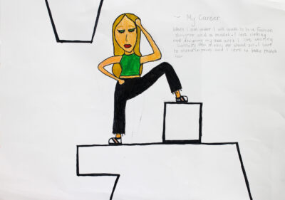 Mixed media on paper, Eva Bartlett, Year 5, Woodline Primary β Fashion Designer Student artwork of a future fashion career