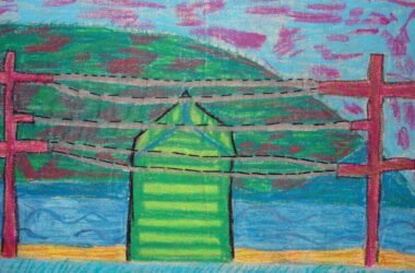 Coloured pencil on paper by Lucy La Brooy, Year 5, Balcombe Grammar School Student artwork of a beach box and the bay