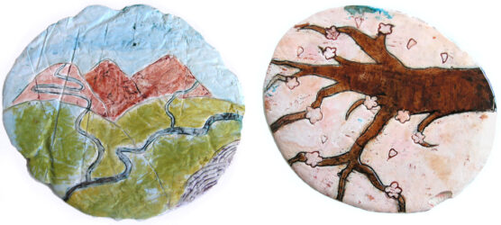 Food dye on plaster, a Group Project by Bonnie Carter, Chloe Spillett, Felix Stone, Grier Morris Obst, Harriet Ochsenbein, Jesse Dukan, Max Taylor and Tristan Collins, Year 7, Balcombe Grammar School Student artwork of a tree and landscape