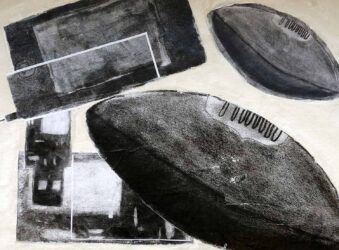 Mixed media on canvas by Cohen Oldenburger, Year 9, Balcombe Grammar School Student artwork of footballs