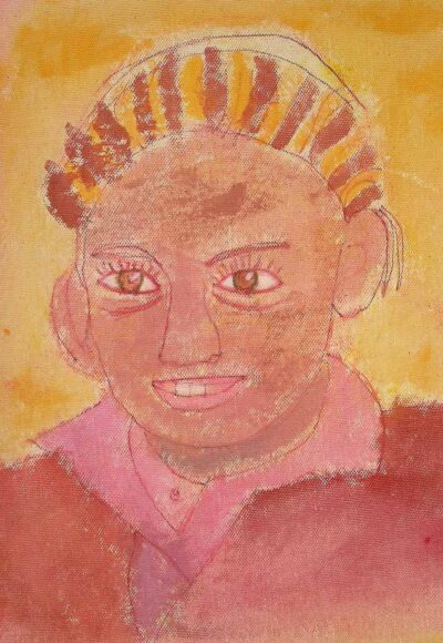 Watercolour and pastel on canvas by Abigail Mould, Year 5, Balcombe Grammar School Student artwork of a self portrait