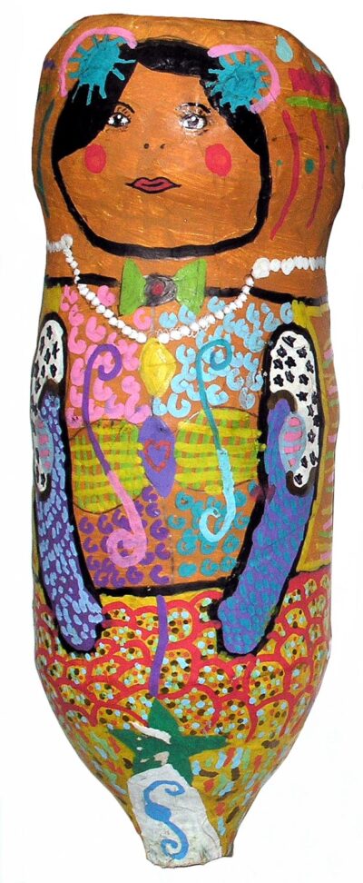 Paper mache and acrylic paint by Georgia White, Year 4, Christian College Geelong Student artwork of a paper mache Babushka doll