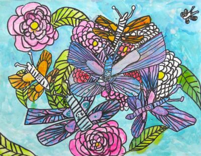 Mixed media by Amelie Woodhouse, Year 2, Christian College Geelong Student artwork of flowers and butterflies