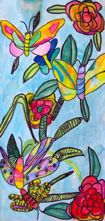 Mixed media by Olivia Richardson, Year 2, Christian College Geelong Student artwork of flowers and butterflies