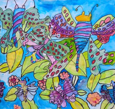 Mixed media by Joshua Weigl, Year 2, Christian College Geelong Student artwork of flowers and butterflies