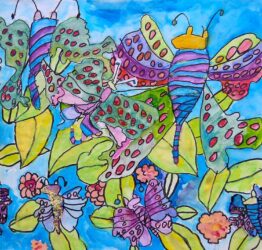 Mixed media by Joshua Weigl, Year 2, Christian College Geelong Student artwork of flowers and butterflies