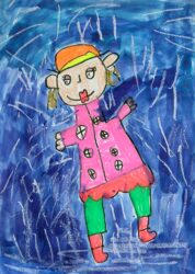 Mixed media on paper by Ruby Brockman, Prep, Christian College Geelong Student artwork of a person dancing in the rain