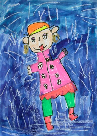 Mixed media on paper by Ruby Brockman, Prep, Christian College Geelong Student artwork of a person dancing in the rain