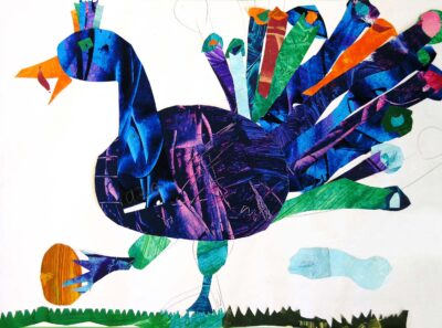 Paint collage on paper by Tia Bell, Year 3, Christian College Geelong Student artwork of a peacock