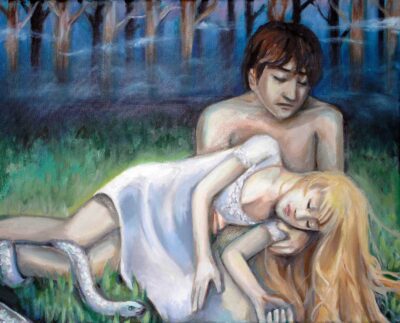 Oil on canvas by Elisha Zhang, Year 11, Camberwell Girls’ Grammar School Student artwork of Orpheus in the underworld