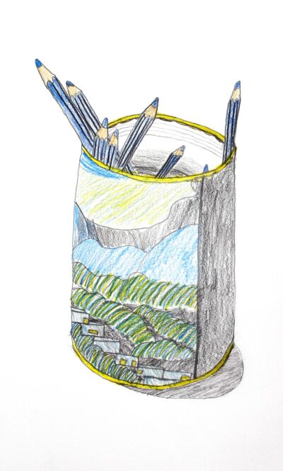 Student artwork of a pencil tin