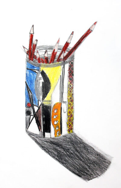 Student artwork of a pencil tin