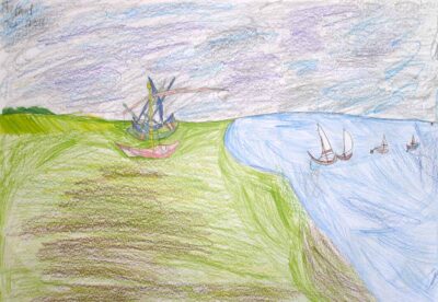 Coloured pencil on paper by Hemel Morker, Year 2, Erasmus Primary School Student artwork of a seascape with boats