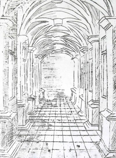 Student artwork of a corridor with beams